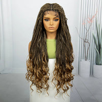 Synthetic Curly Ends Ombre Color Knotless Box Braided Wigs Full Lace Fashion Braids 34 Inches
