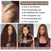 13x6 Chocolate Brown HD Lace Front Human Hair Wigs Body Wave 46 Inch 200%Density Colored Human Hair Wigs For Women