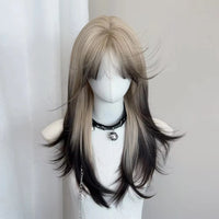 Ombre Blonde Black Layered Synthetic Long Straight Wig with Bangs for Lolita Cosplay Daily Party