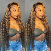 34" Honey Blonde & Mixed Curly Wavy Lace Front Human Hair Wig for Women - Image 1