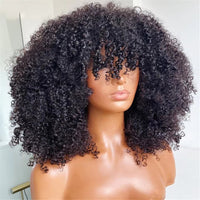 Mongolian Afro Kinky Curly Human Hair Wigs with Bangs Wear to go Glueless Remy Brazilian Short Curly Wig