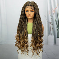 Synthetic Curly Ends Ombre Color Knotless Box Braided Wigs Full Lace Fashion Braids 34 Inches