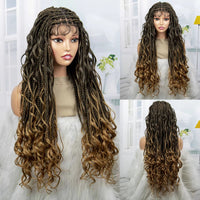 Synthetic Curly Ends Ombre Color Knotless Box Braided Wigs Full Lace Fashion Braids 34 Inches