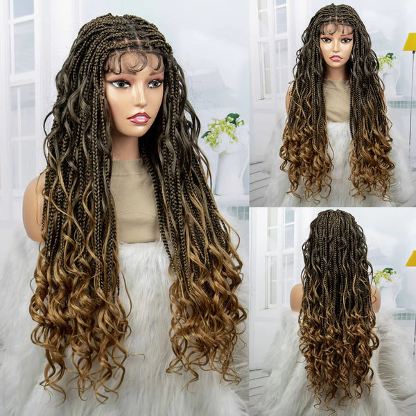Synthetic Curly Ends Ombre Color Knotless Box Braided Wigs Full Lace Fashion Braids 34 Inches
