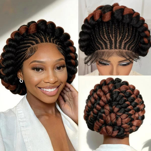 Cornrow Braided Wigs Synthetic Full Lace Colored Bantu Braided Wigs Natural Knotless Braids Wigs with Baby Hair