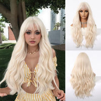 Platinum 613 Blonde Wig Long Wavy Synthetic Wig with Bangs Curly Mixed Golden for Women Cosplay Party Daily Use Heat Resistant