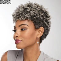 African American Stylish Wig With Tight Spiral Curls On Top And Shorter, Contoured Sides.