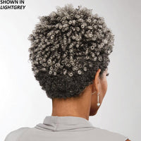 African American Stylish Wig With Tight Spiral Curls On Top And Shorter, Contoured Sides.