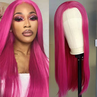 Rose Pink Straight Synthetic Glueless Lace Wigs For Women Natural Hairline Daily Wear Cosplay Part Front Hair