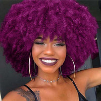 Afro Wig With Bangs Magenta Purple Kinky Curly Wig Heat Resistant Wigs African Shoulder Length Short Full Wigs For Women
